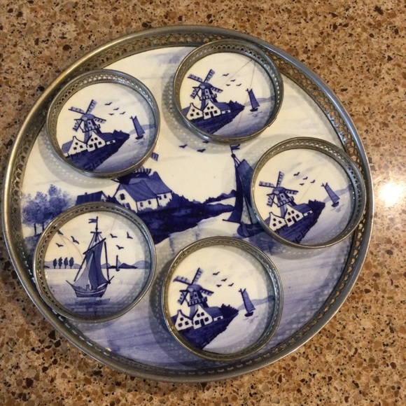 Vintage PORCELAIN DUTCH WINDMILL SAILBOAT TRAY COASTERS GERMANY # 3470
